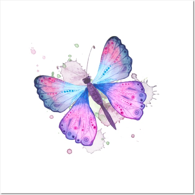 Butterfly Pink Blue Watercolors Nature Gift Wall Art by TLSDesigns